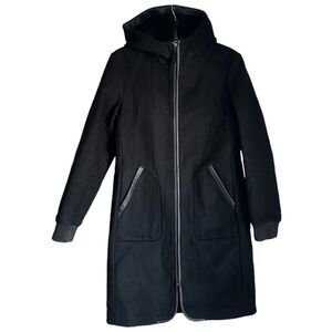 MACKAGE LEATHER TRIM ZIP UP COAT WITH HOODIE SIZE SMALL S BLACK WOOL CASHMERE